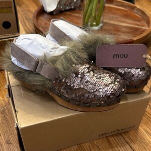 Mou Glittering Sequin and Fur Clogs